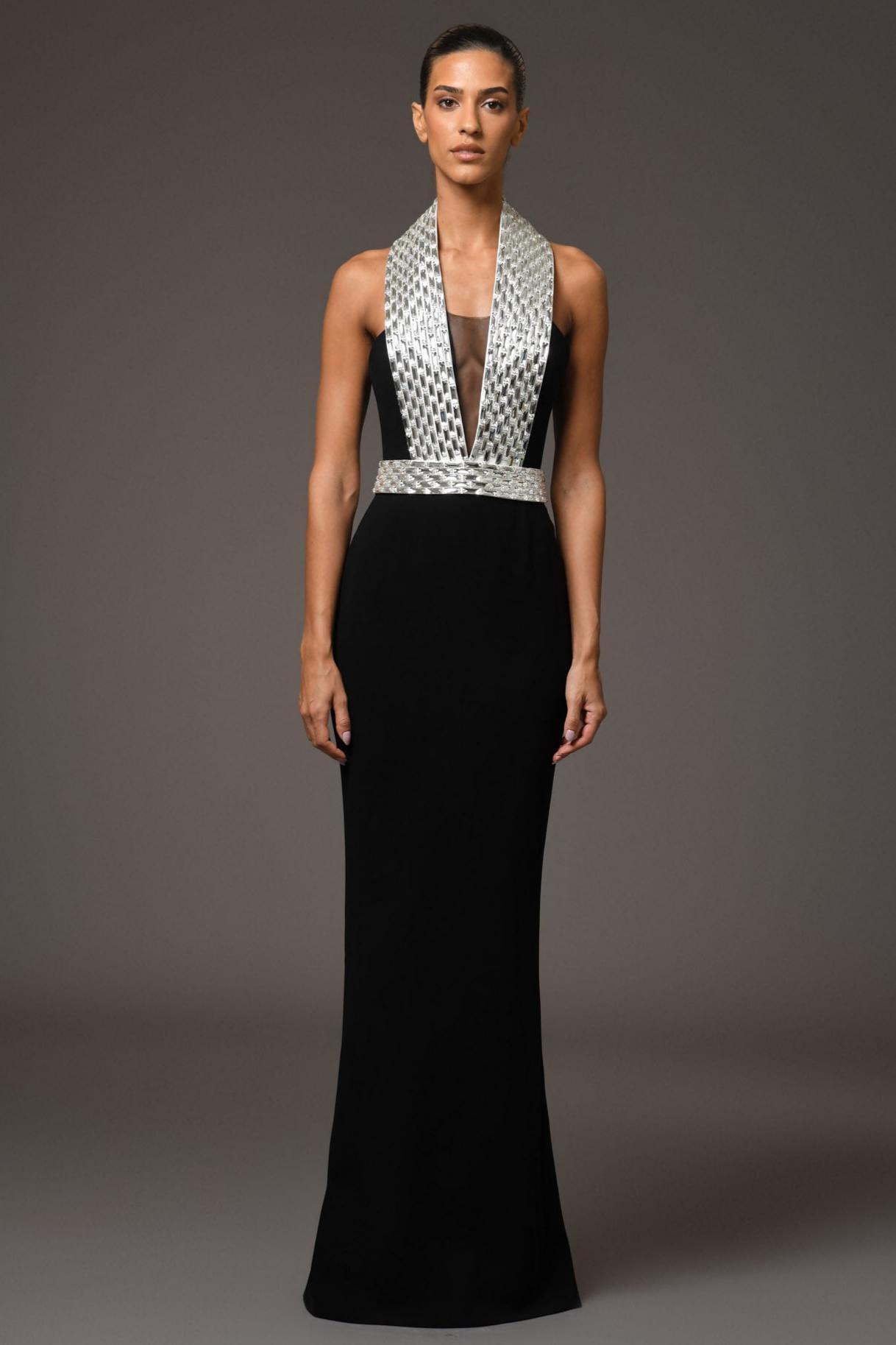 Bandage Rhinestone Rivets Halter Neck Maxi Dress