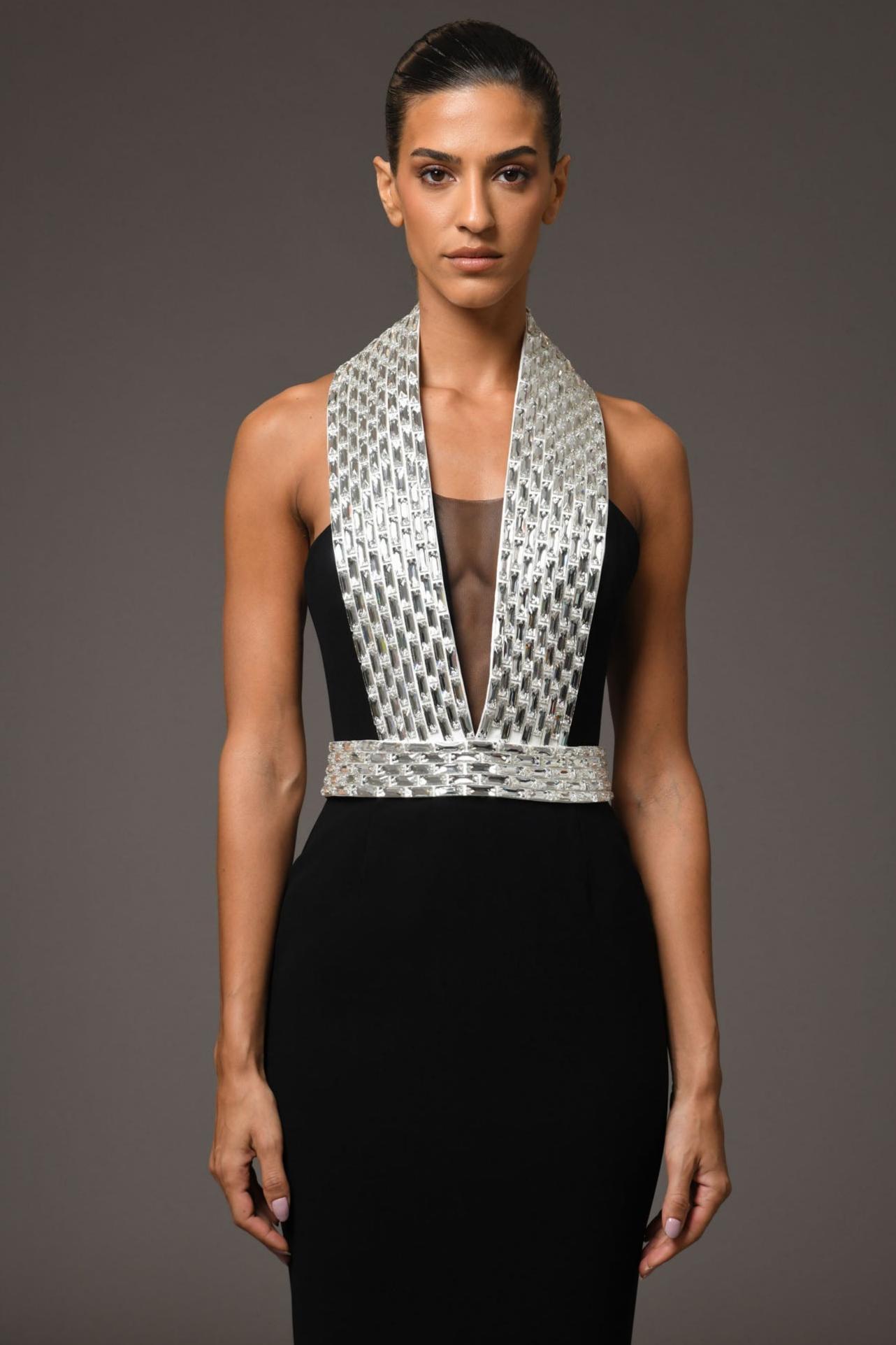 Bandage Rhinestone Rivets Halter Neck Maxi Dress