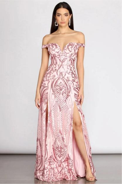 Sequin Off Shoulder Slit Maxi Dress