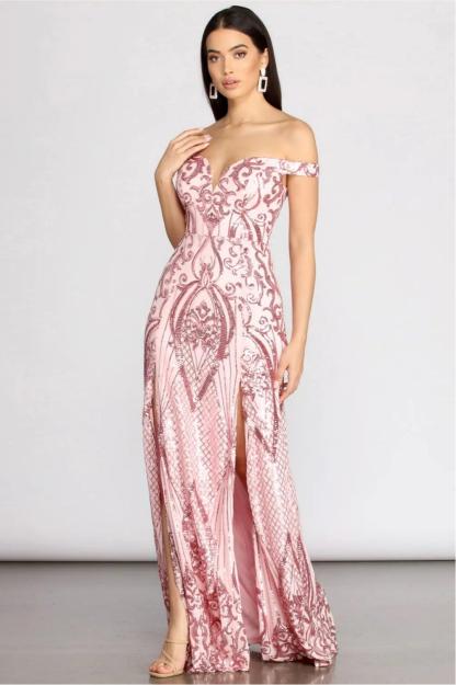 Sequin Off Shoulder Slit Maxi Dress