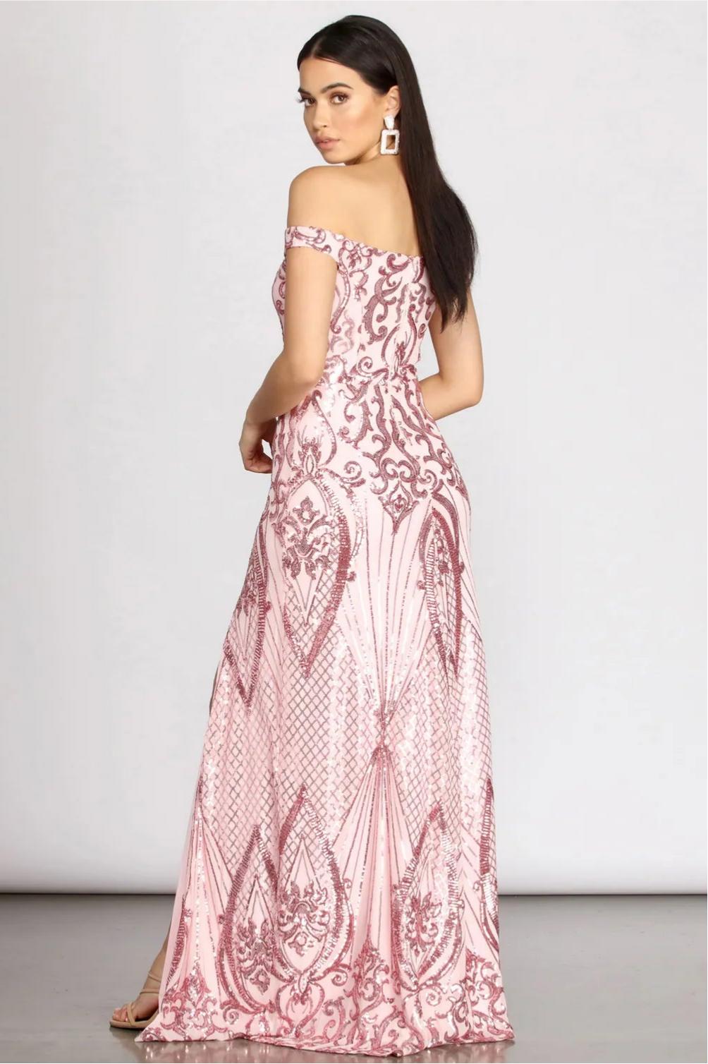 Sequin Off Shoulder Slit Maxi Dress