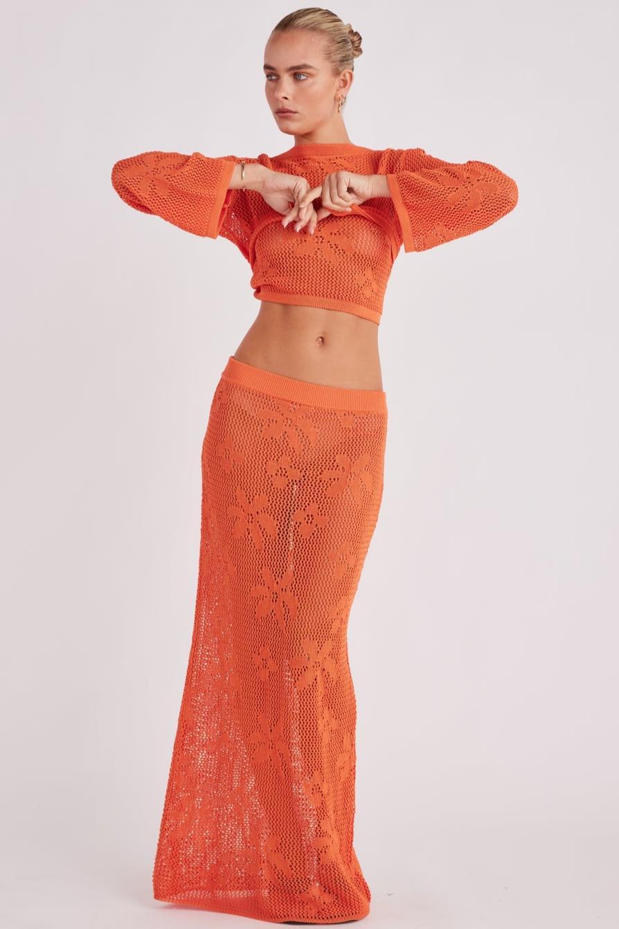 Crochet Tie-Up See-Through & Mid Waist Maxi Skirt Set