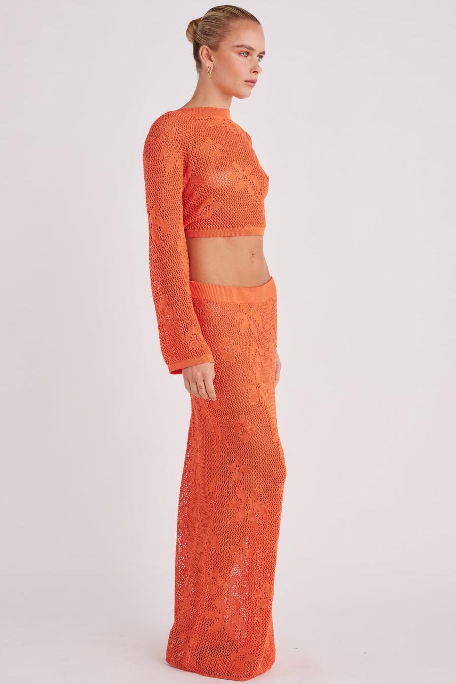 Crochet Tie-Up See-Through & Mid Waist Maxi Skirt Set