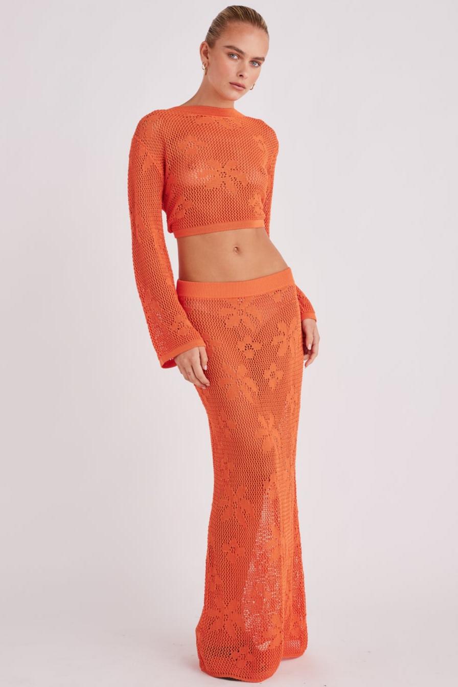 Crochet Tie-Up See-Through & Mid Waist Maxi Skirt Set