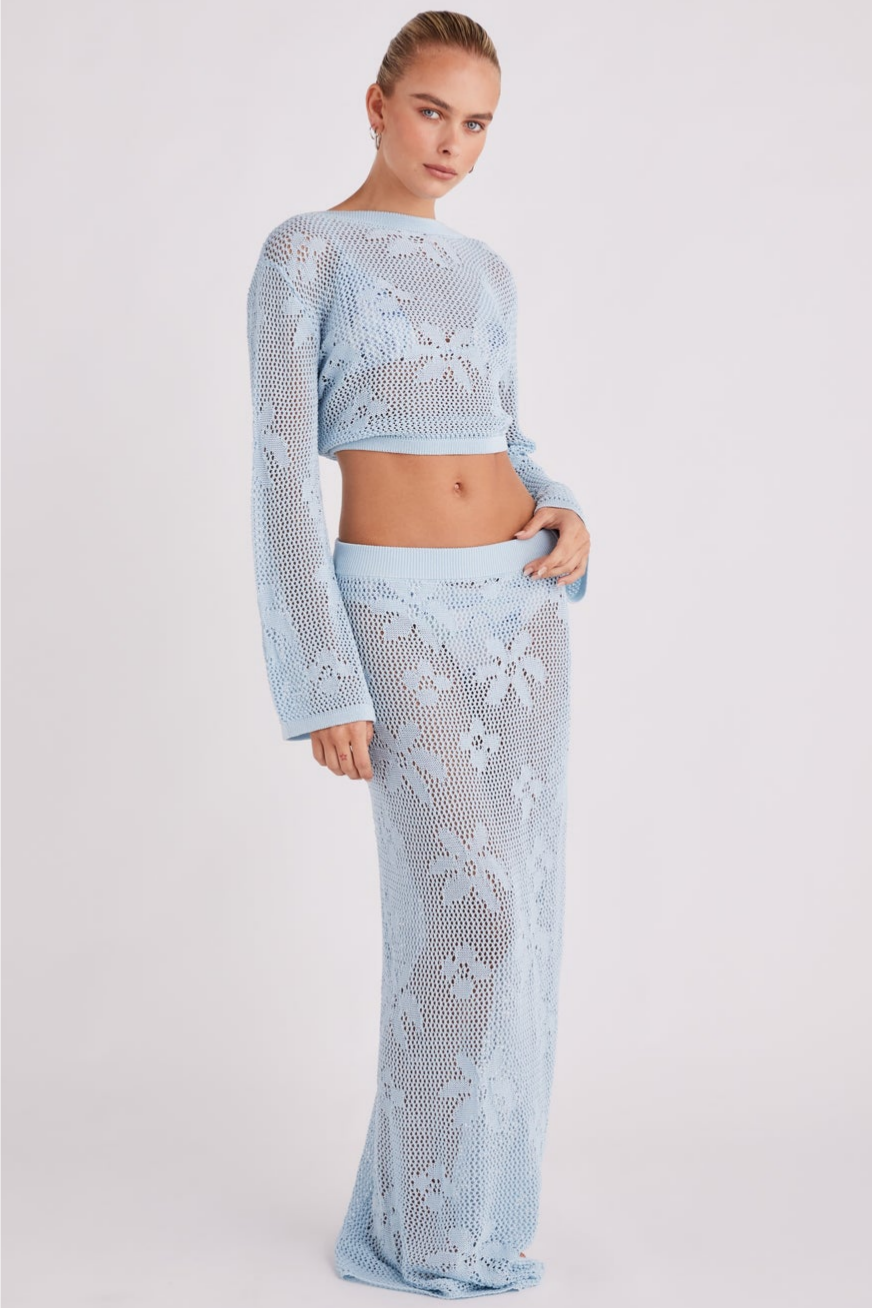 Crochet Tie-Up See-Through & Mid Waist Maxi Skirt Set