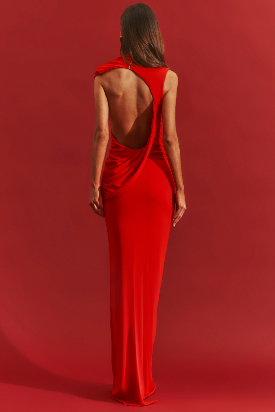 Solid Stand Collar Backless Maxi Dress