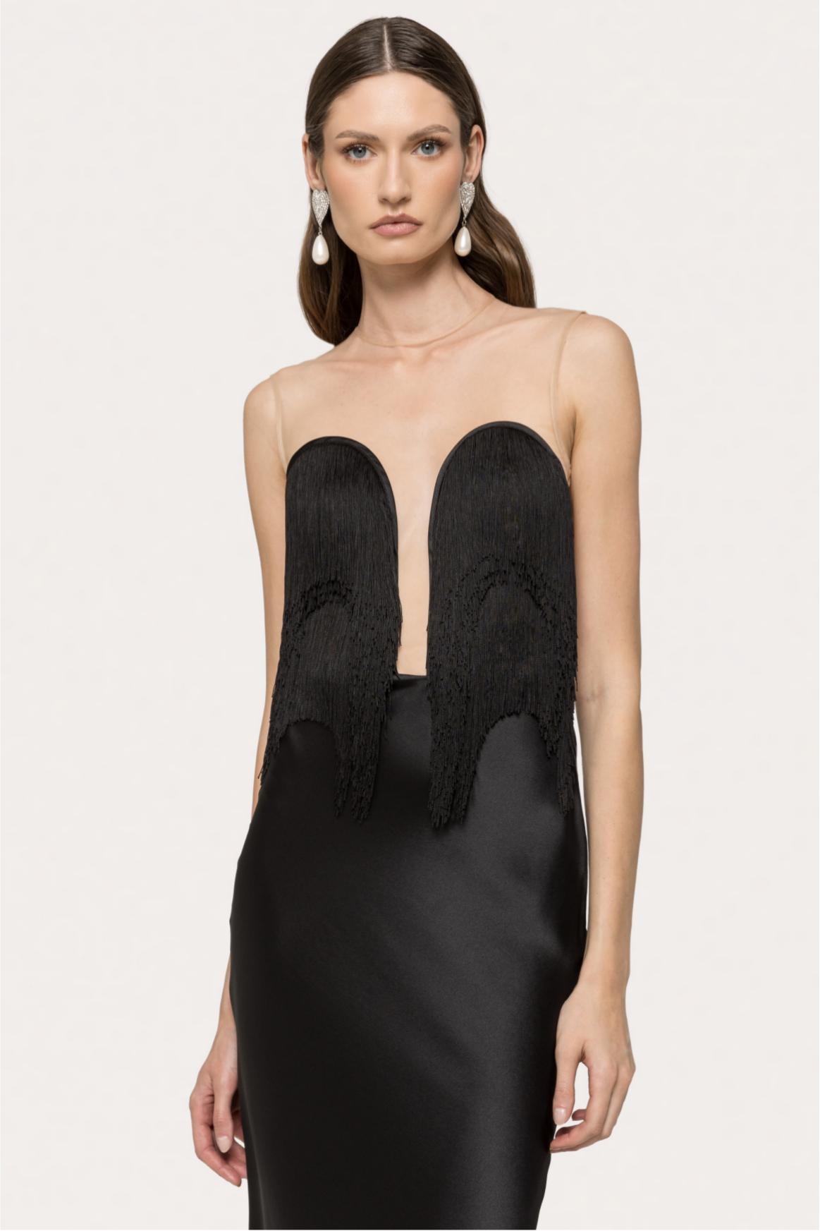 Satin Tassel See-Through Maxi Dress