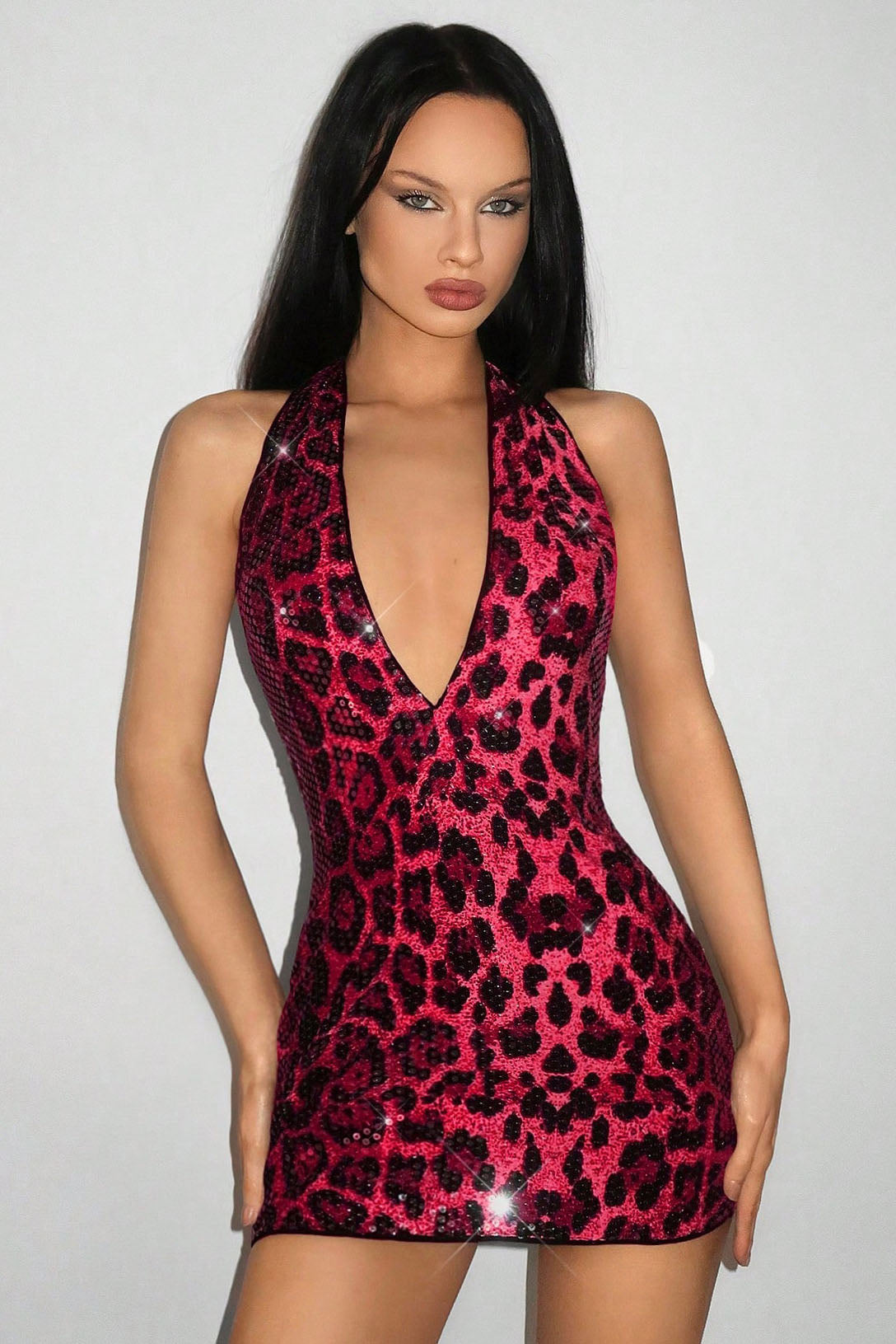 Sequin Leopard Print Halter Neck Mini Dress