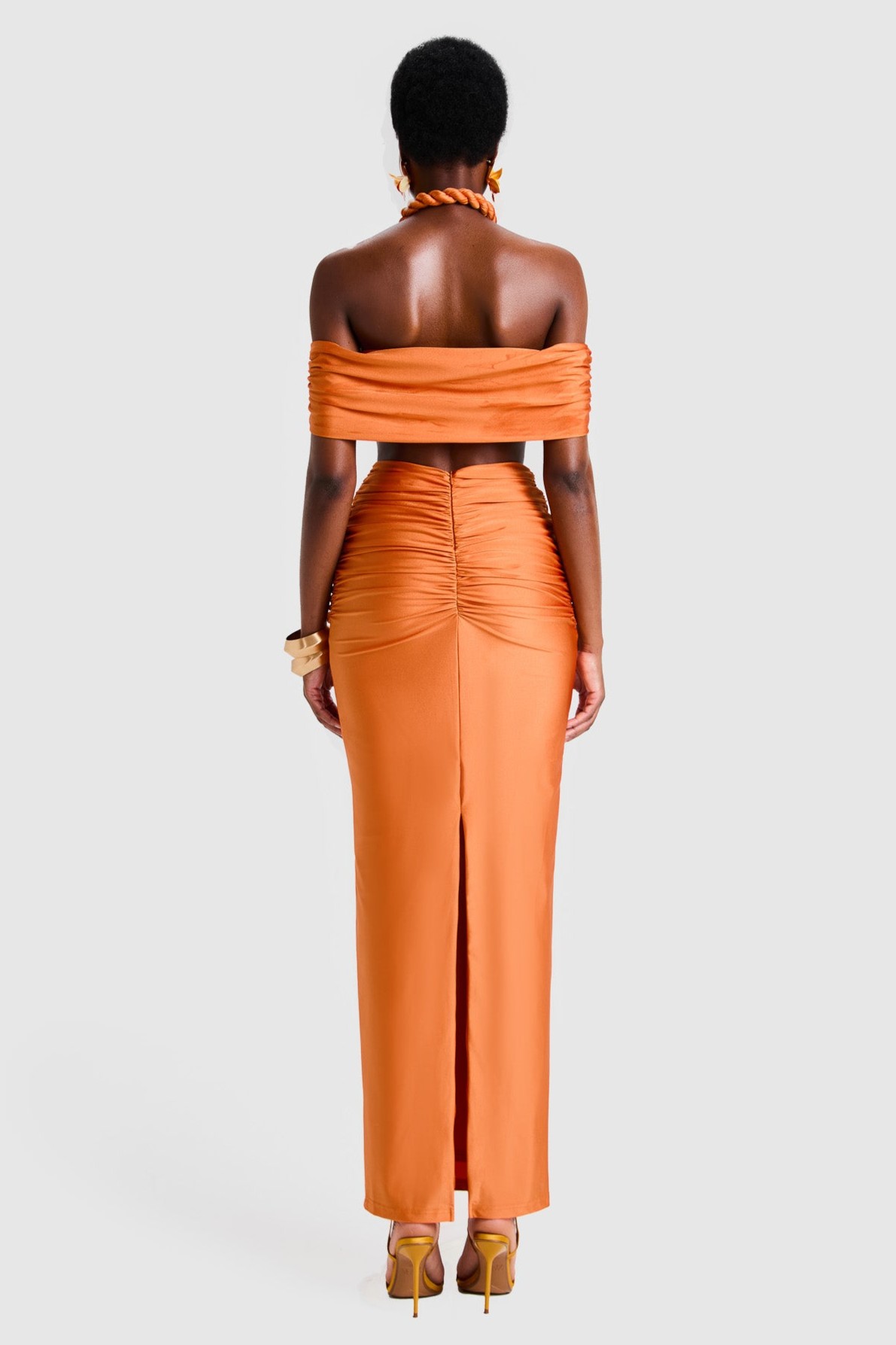 Jersey Halter Neck Decorative Rope Top & Low Waist Maxi Skirt Set