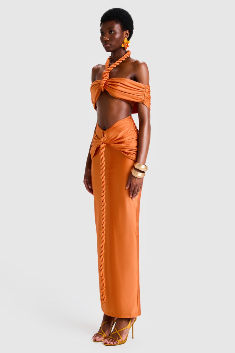 Jersey Halter Neck Decorative Rope Top & Low Waist Maxi Skirt Set