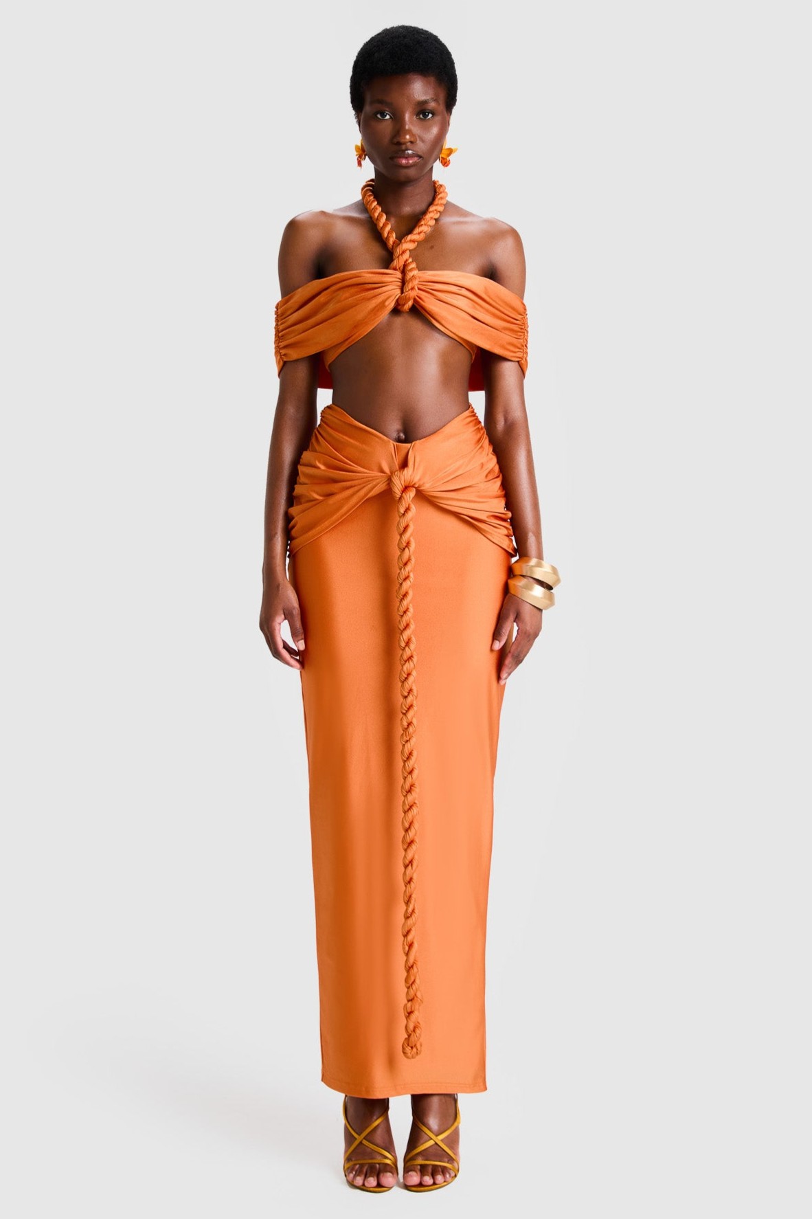 Jersey Halter Neck Decorative Rope Top & Low Waist Maxi Skirt Set