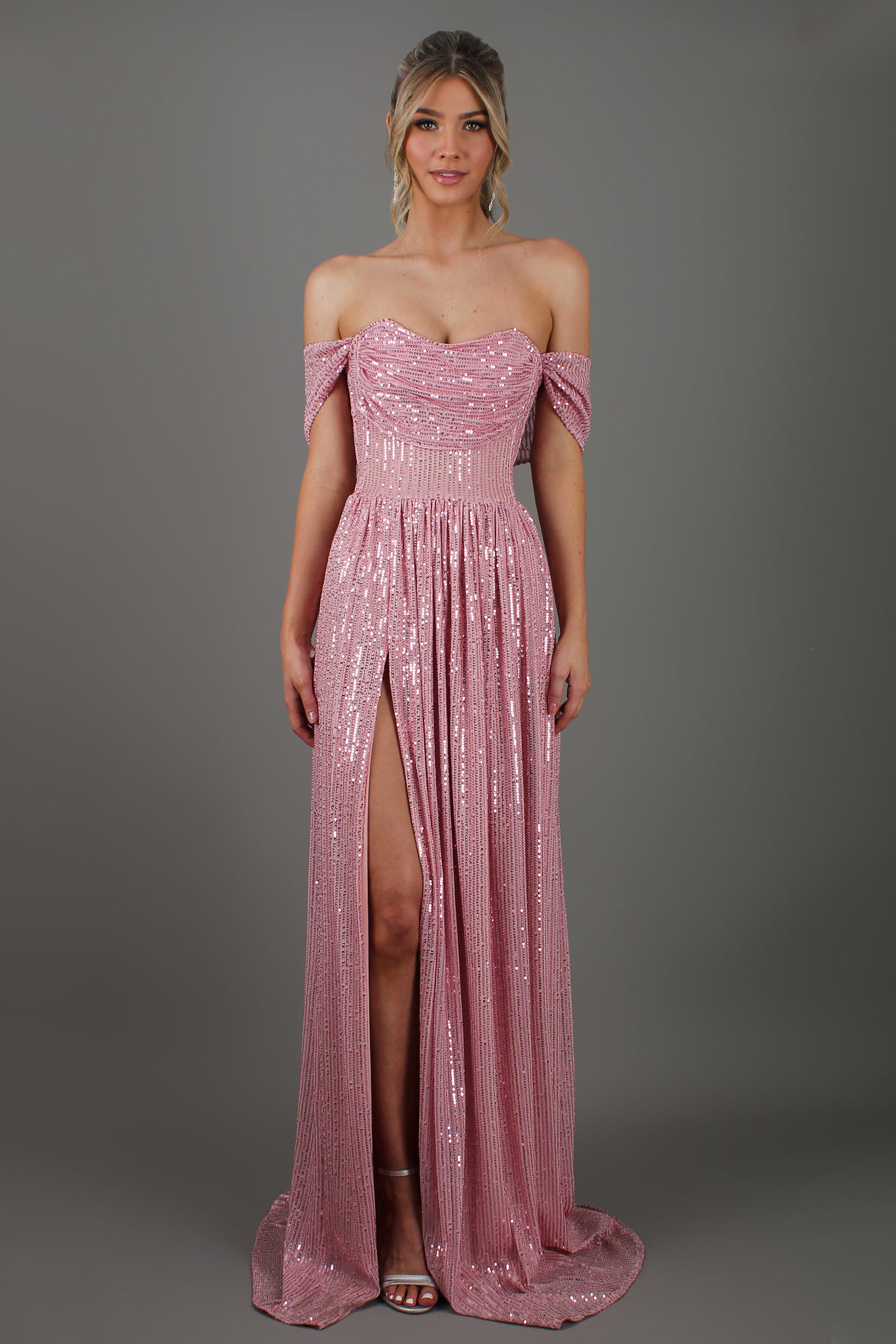 Sequin Off Shoulder Slit Maxi Dress