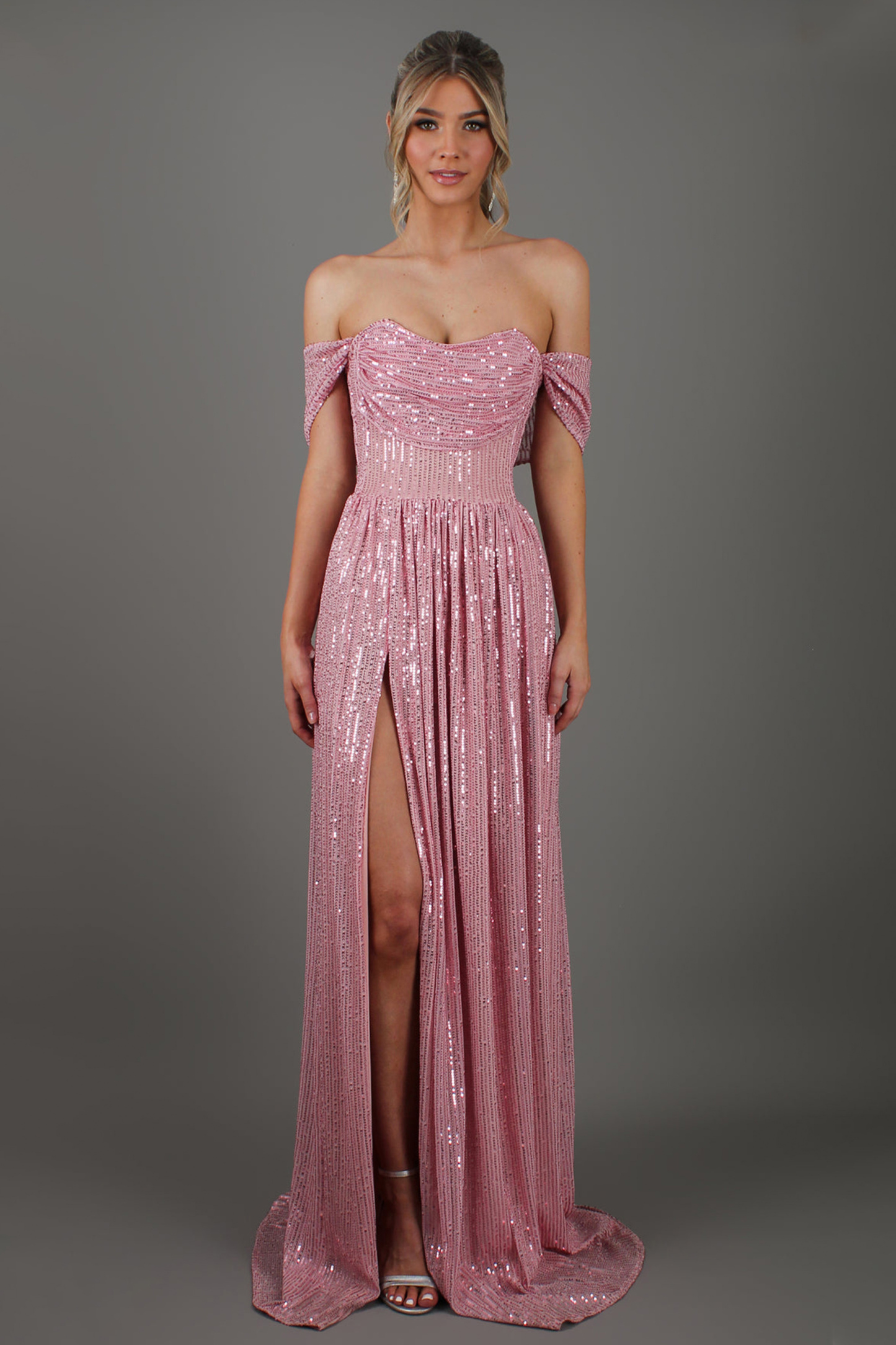 Sequin Off Shoulder Slit Maxi Dress