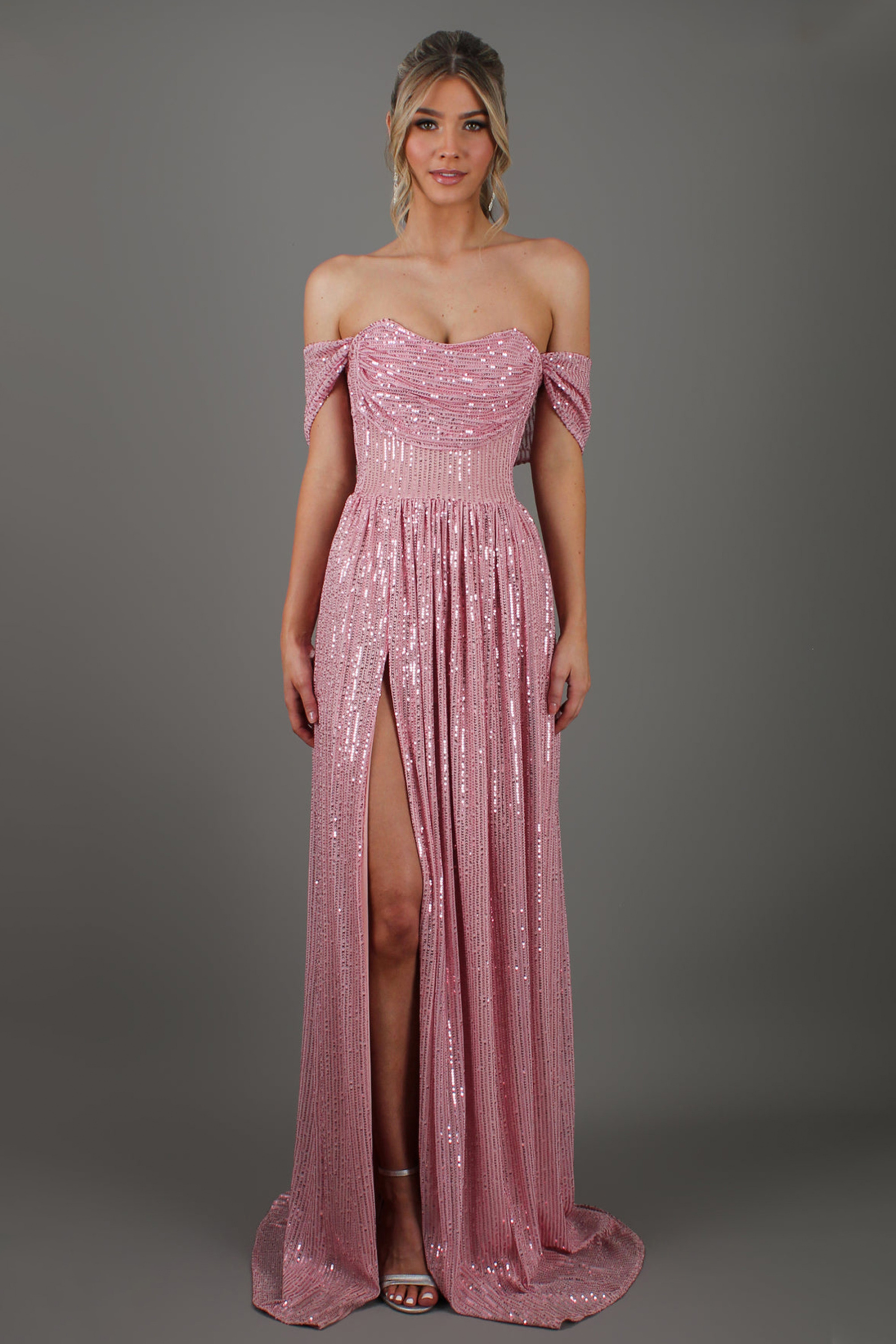 Sequin Off Shoulder Slit Maxi Dress
