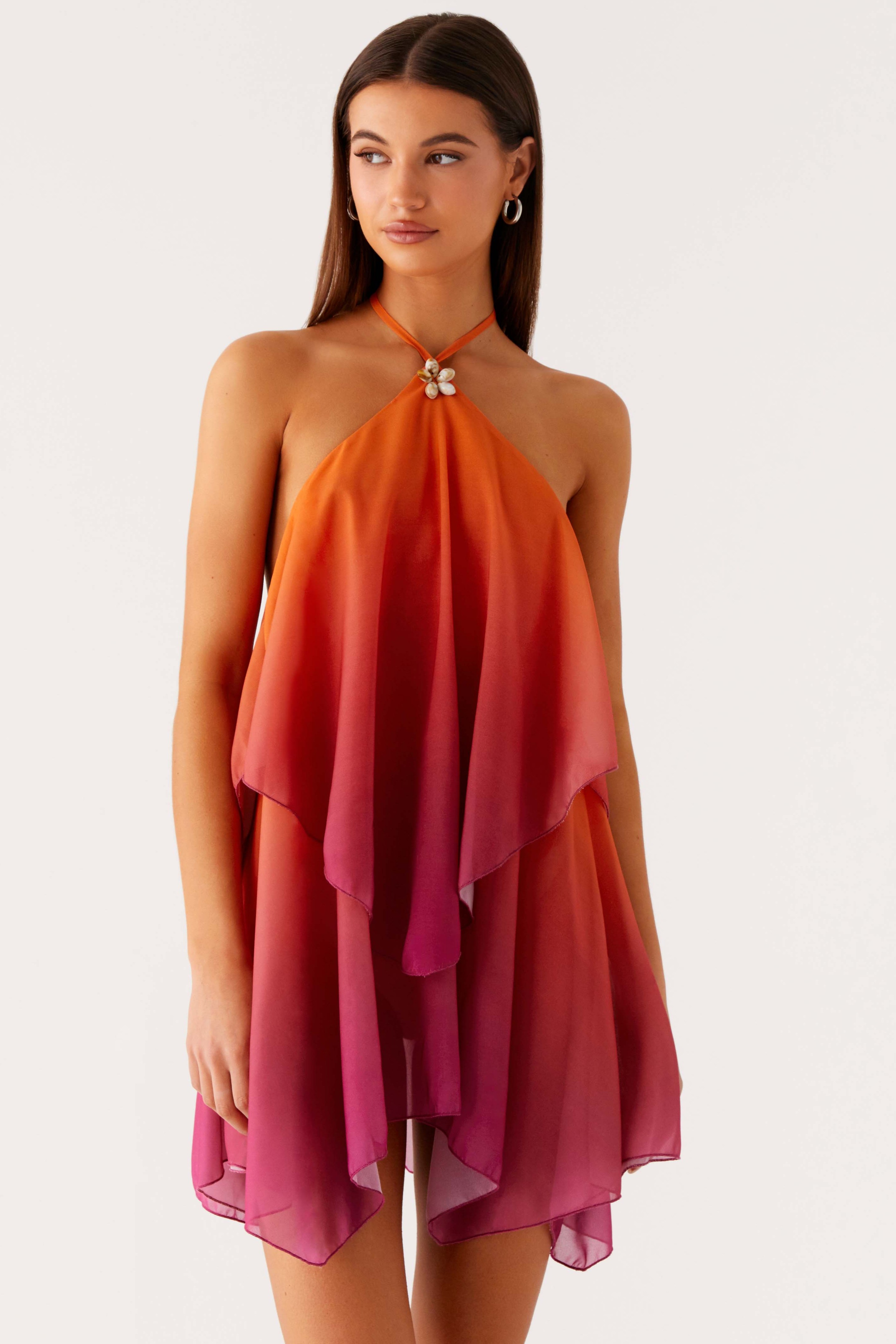 Chiffon Gradient Color Shell Decorations Halter Neck Mini Dress