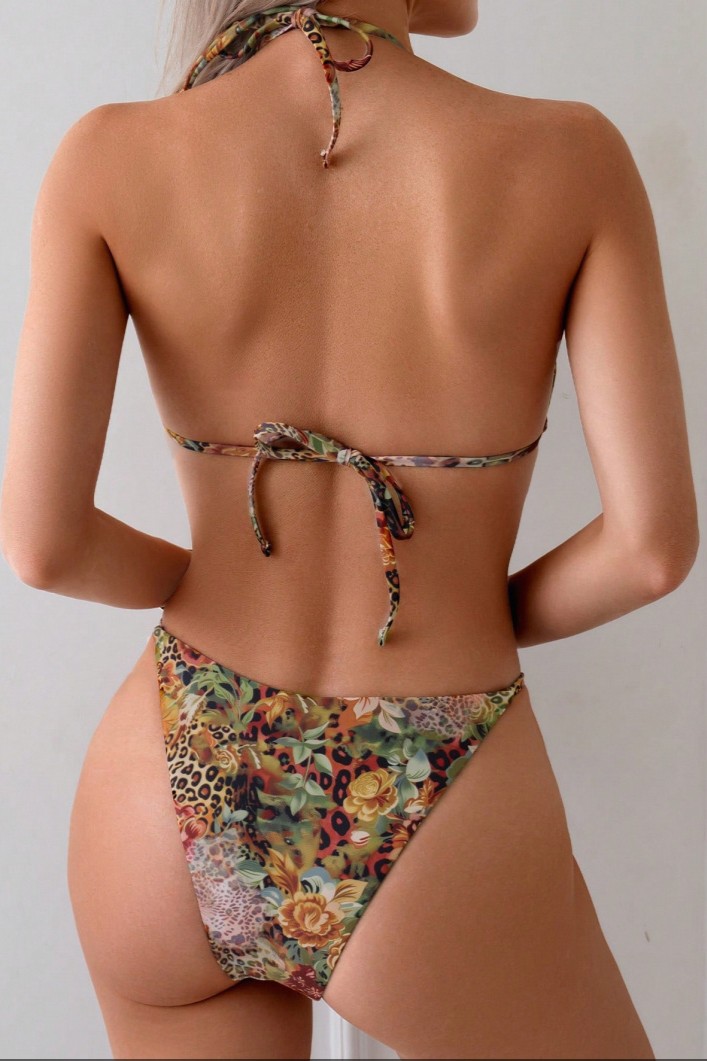 Animal Print Metal Decorations Halter Neck Bikini Two Piece Set
