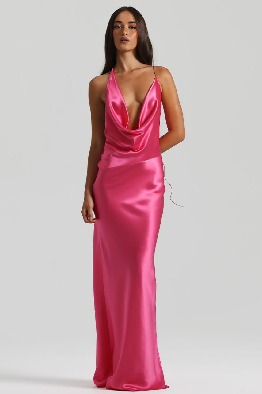 Satin Swing Collar Tie-Up Maxi Dress