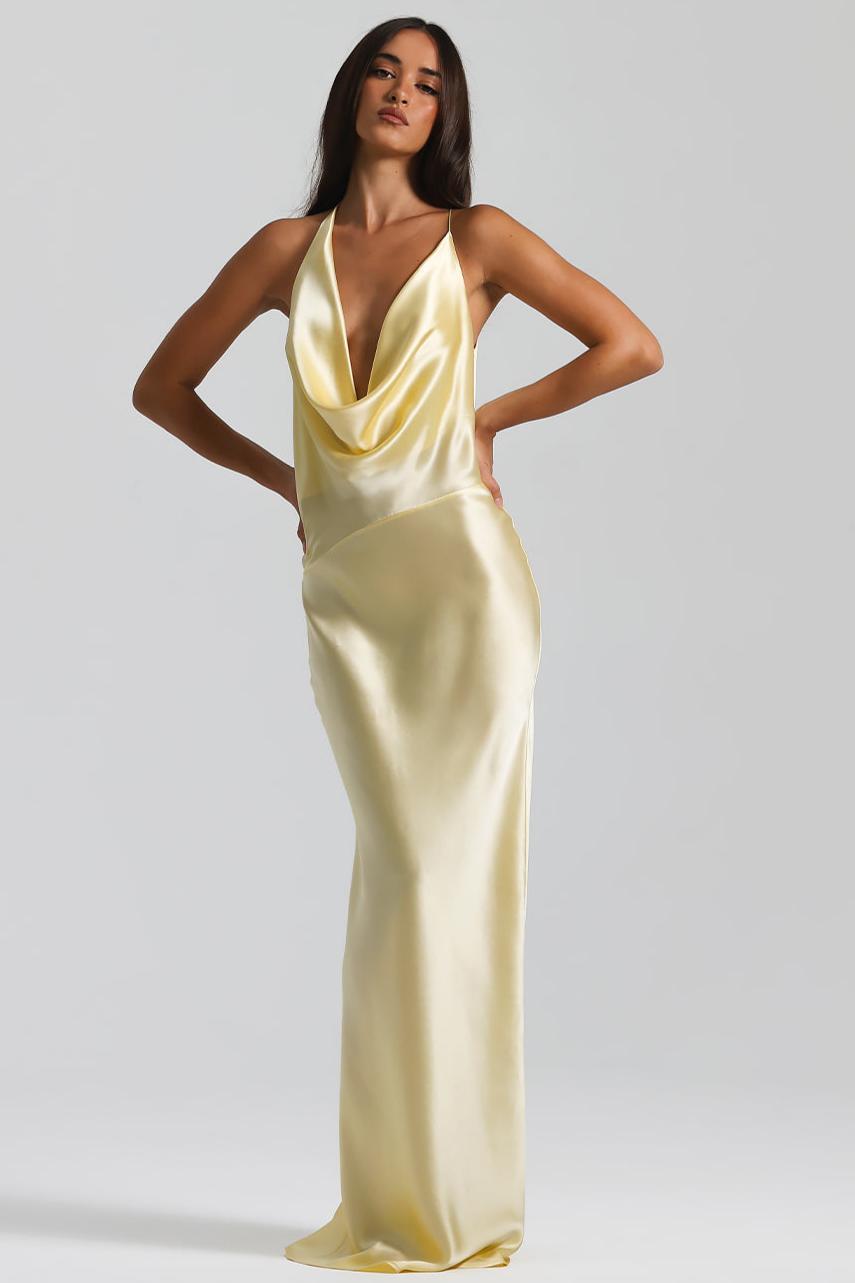 Satin Swing Collar Tie-Up Maxi Dress