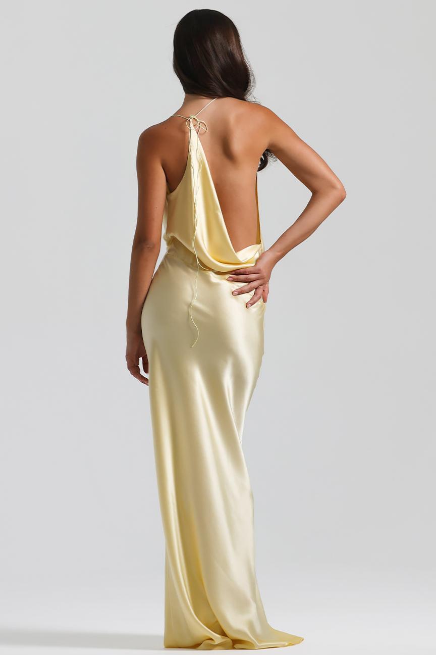 Satin Swing Collar Tie-Up Maxi Dress