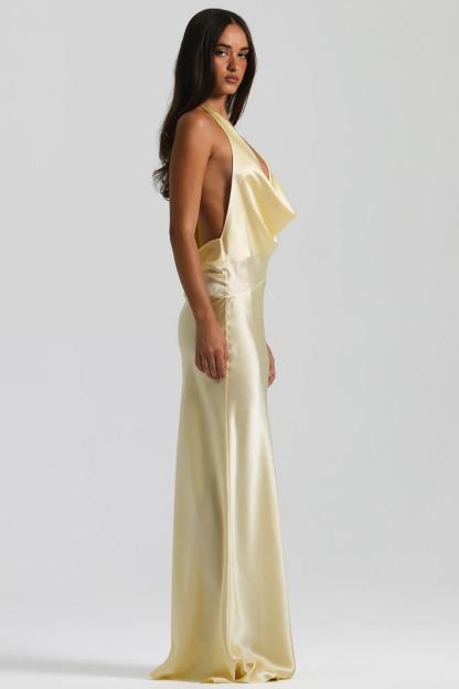 Satin Swing Collar Tie-Up Maxi Dress