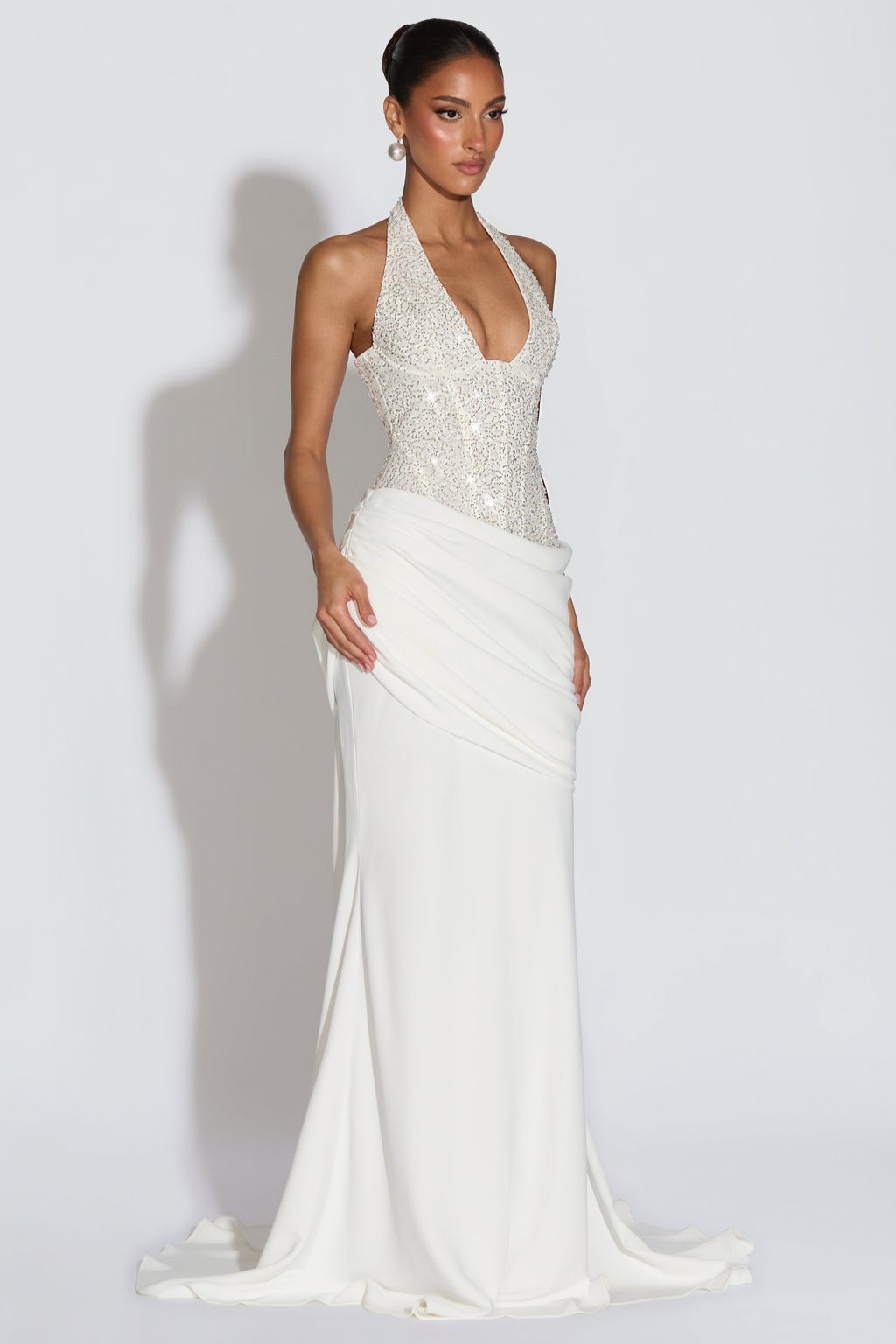 Sequin Splicing Jersey Halter Neck Maxi Dress