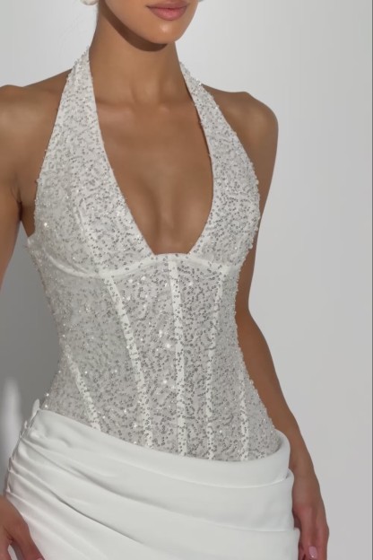 Sequin Splicing Jersey Halter Neck Maxi Dress