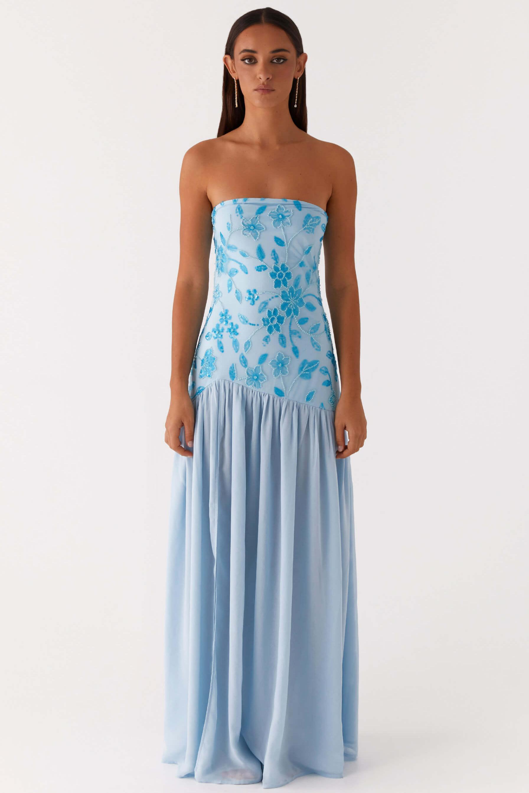 Chiffon Sequin Embroidered Off Shoulder Maxi Dress