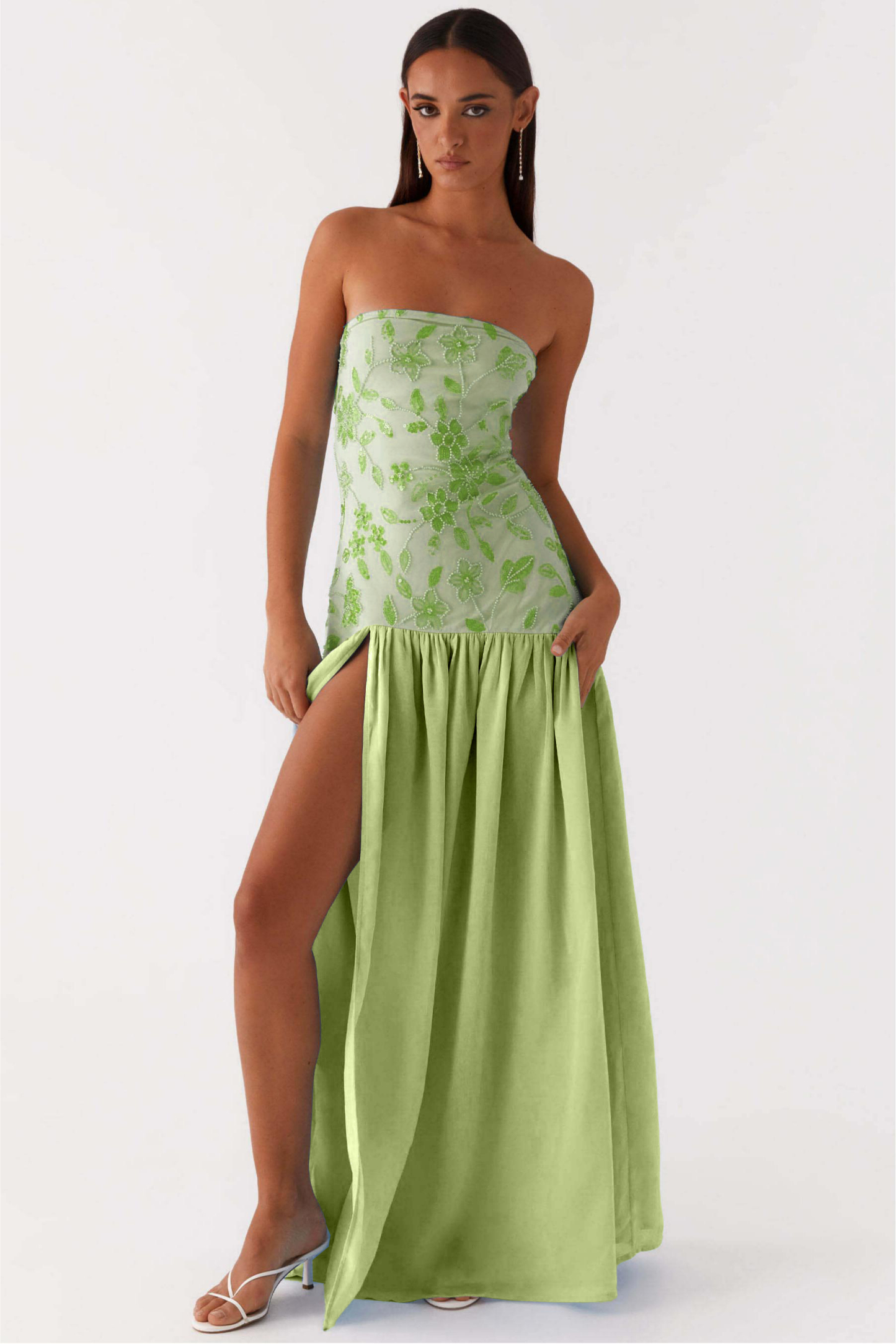 Chiffon Sequin Embroidered Off Shoulder Maxi Dress