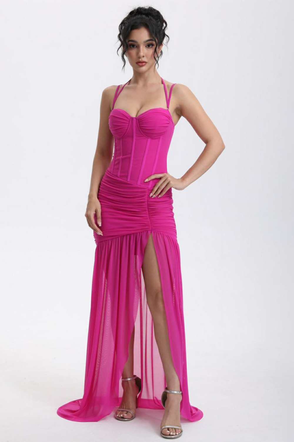 Mesh See-Through Slit Maxi Dress