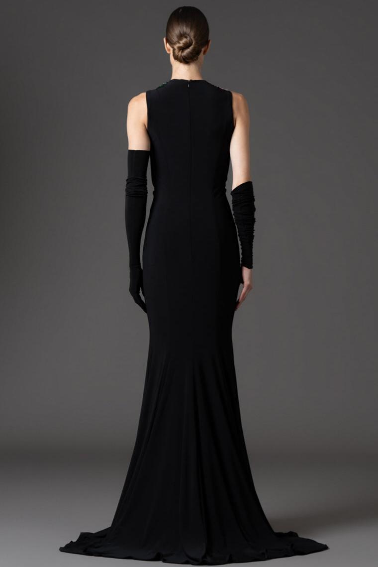 Jersey Sequin Embroidered Maxi Dress With Gloves