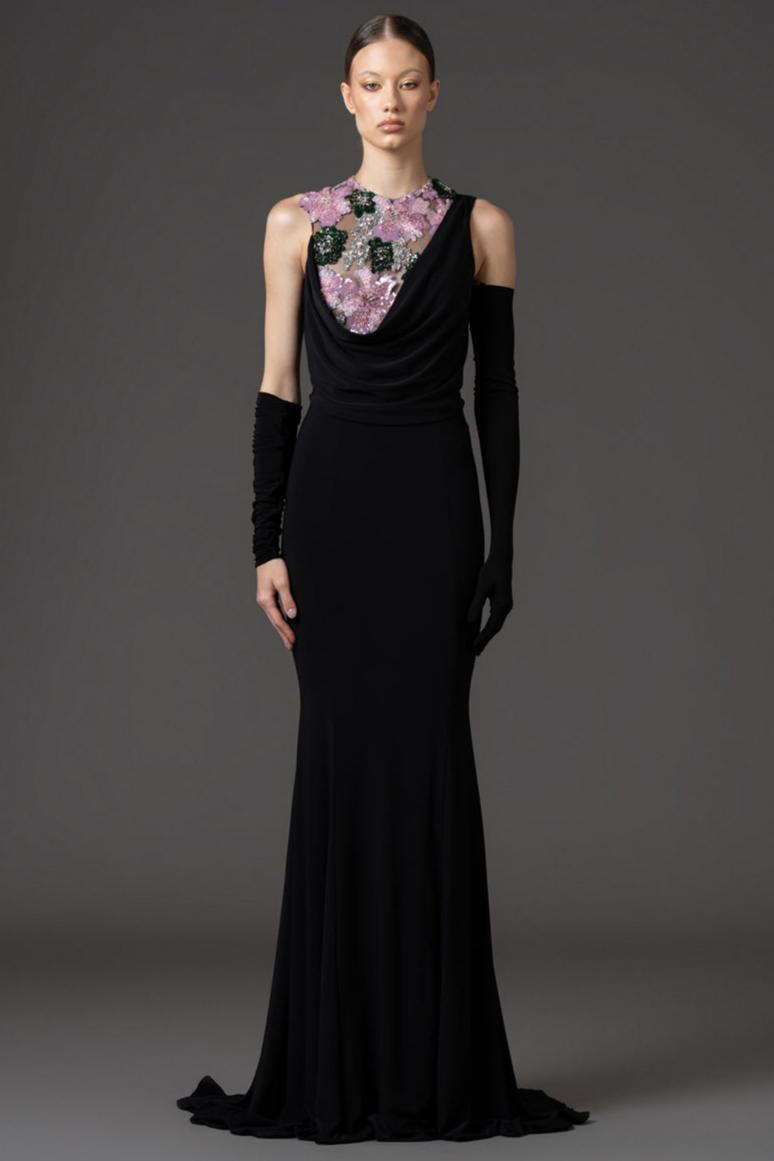 Jersey Sequin Embroidered Maxi Dress With Gloves