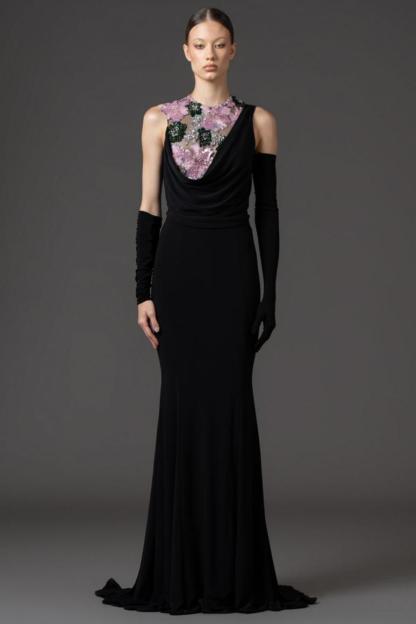 Jersey Sequin Embroidered Maxi Dress With Gloves