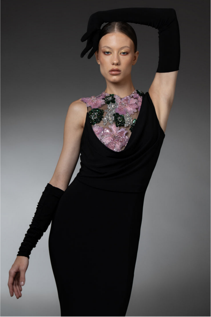 Jersey Sequin Embroidered Maxi Dress With Gloves