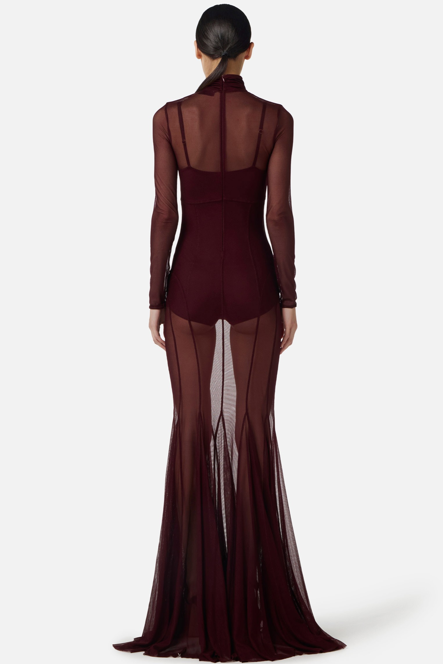 Mesh Bodysuit & See-Through Stand Collar Maxi Dress Two Piece Set