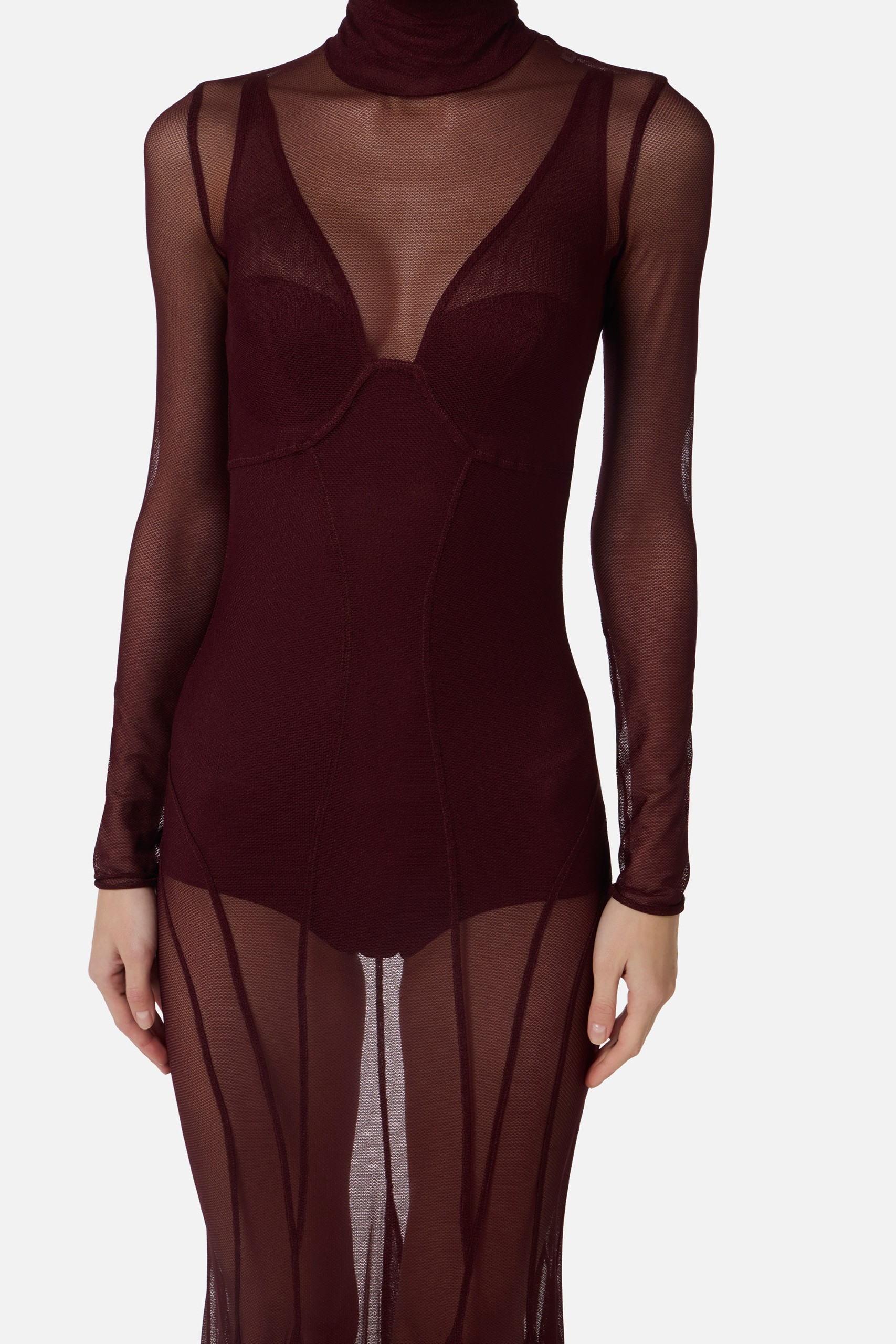 Mesh Bodysuit & See-Through Stand Collar Maxi Dress Two Piece Set