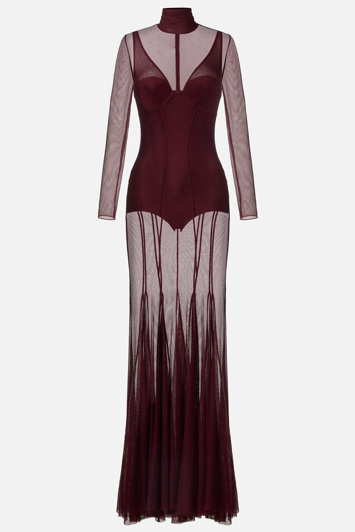 Mesh Bodysuit & See-Through Stand Collar Maxi Dress Two Piece Set