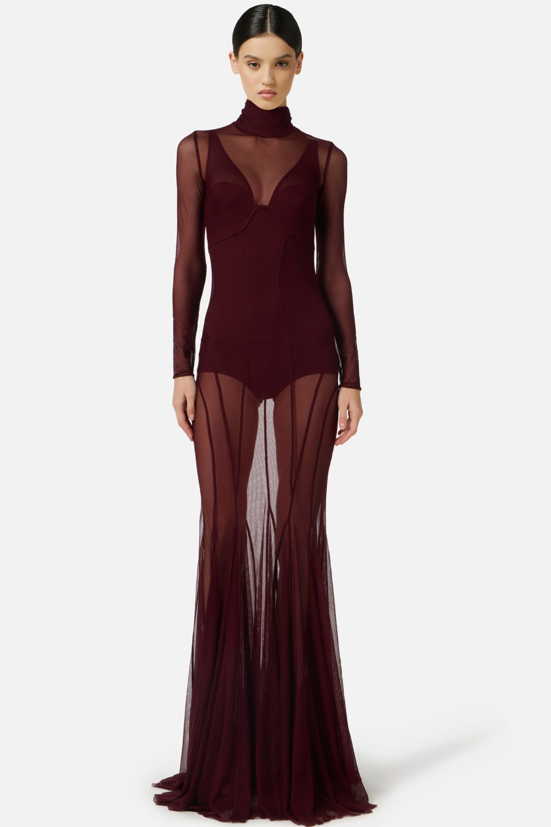 Mesh Bodysuit & See-Through Stand Collar Maxi Dress Two Piece Set