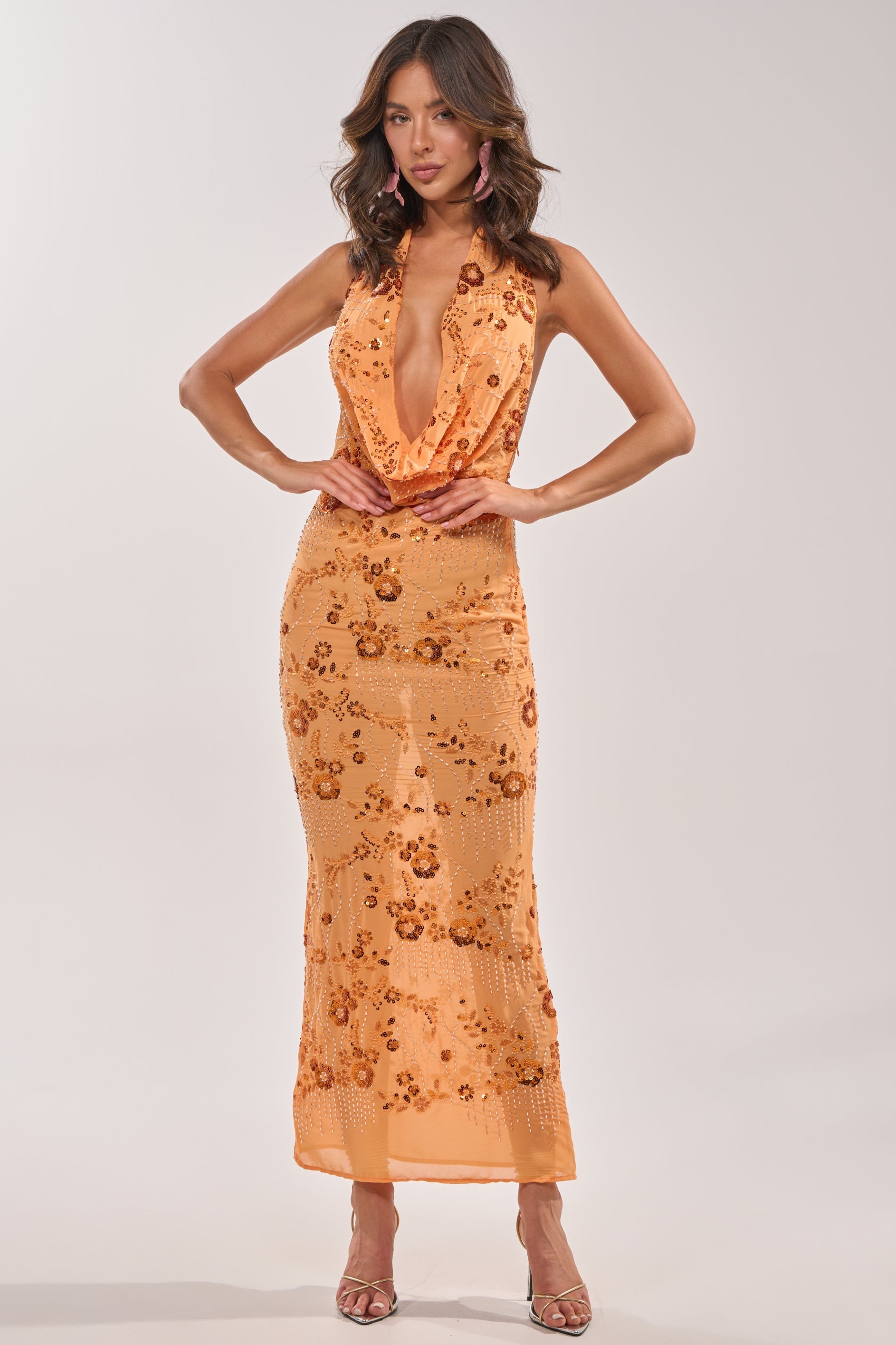 Sequin Embroidered Swing Collar Maxi Dress