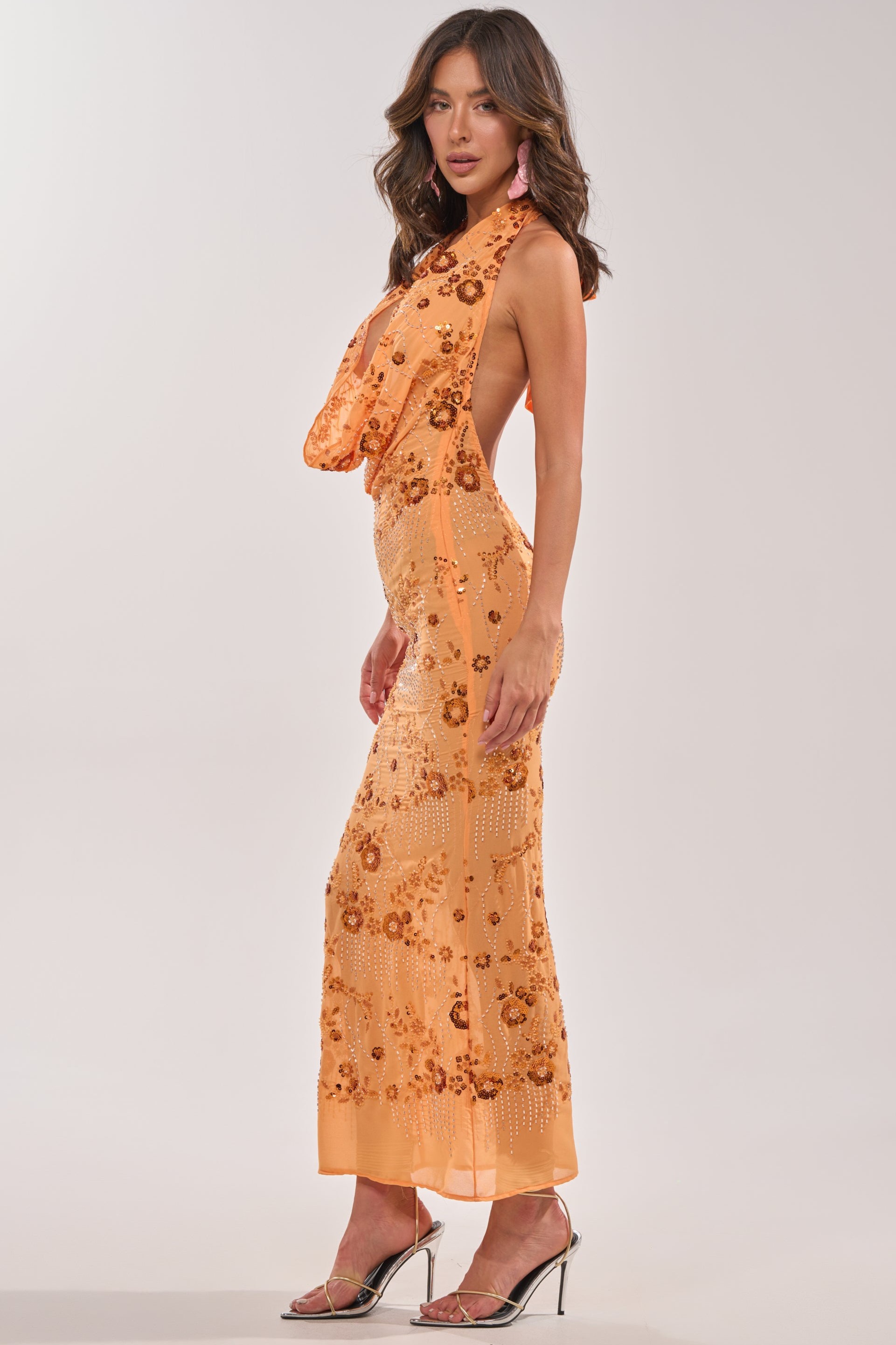 Sequin Embroidered Swing Collar Maxi Dress