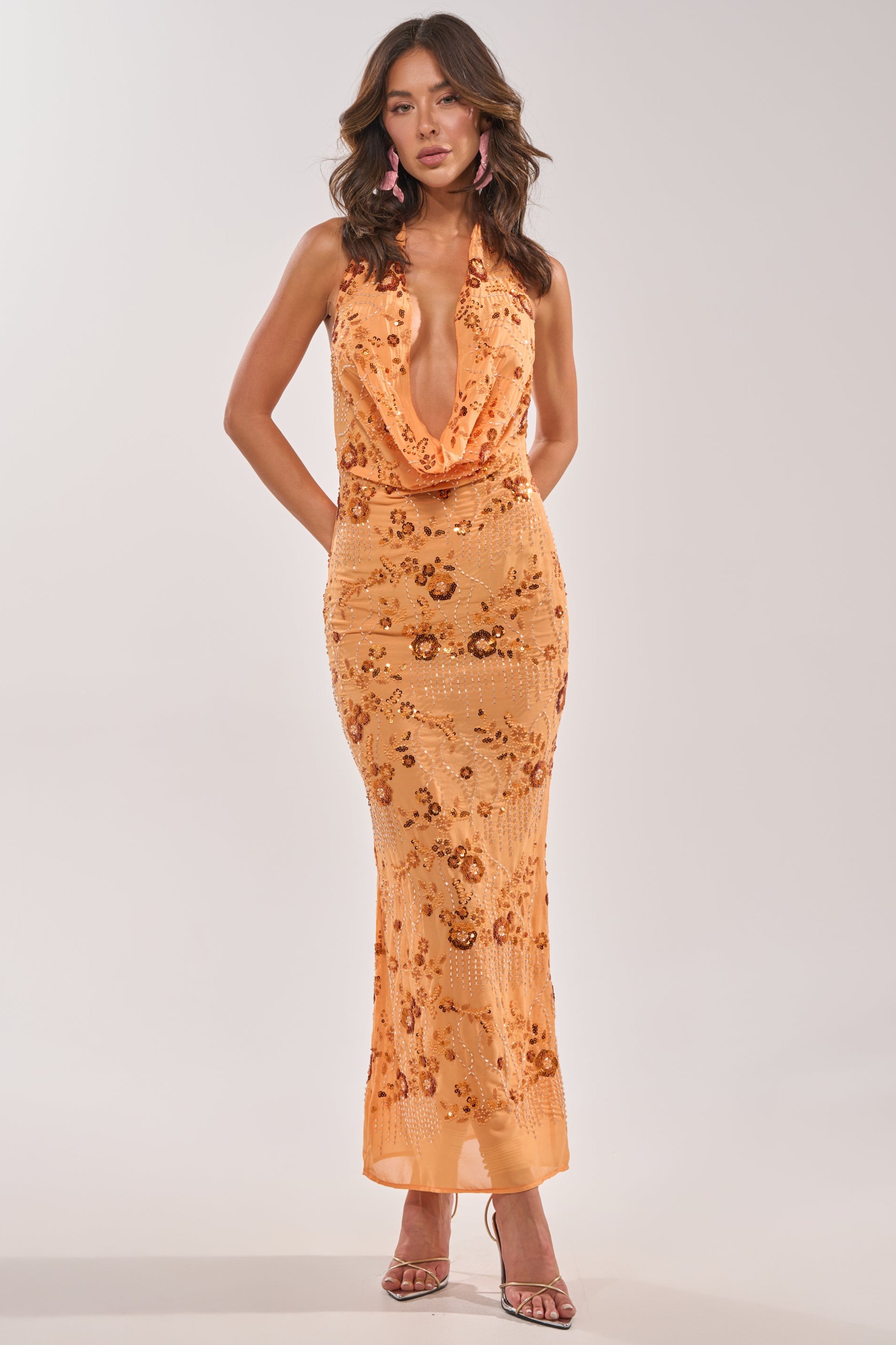 Sequin Embroidered Swing Collar Maxi Dress