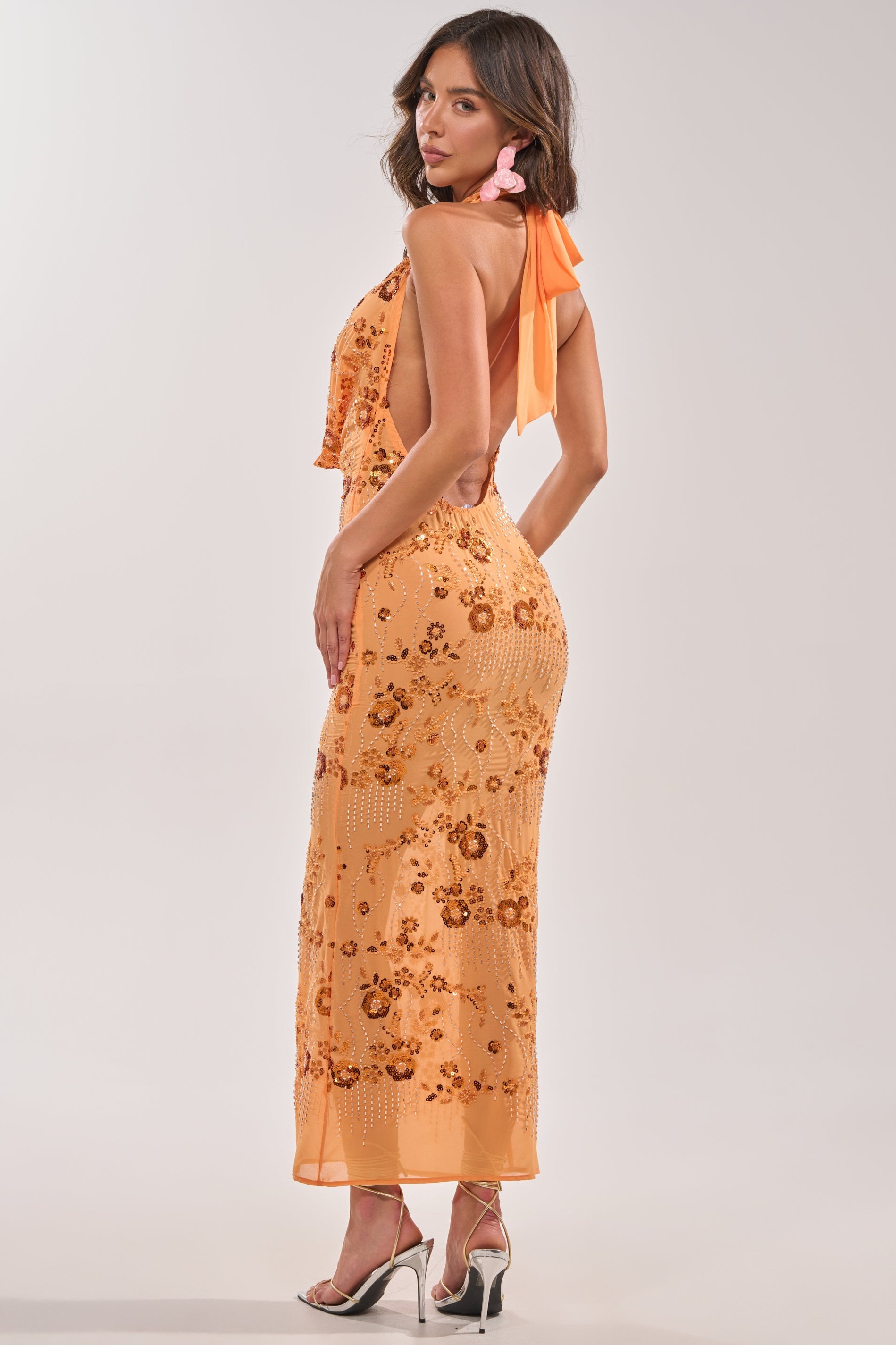 Sequin Embroidered Swing Collar Maxi Dress