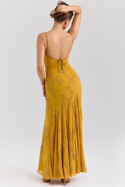Sequin Embroidered Square Collar Slip Maxi Dress