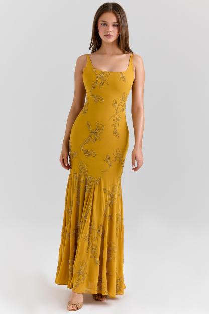 Sequin Embroidered Square Collar Slip Maxi Dress