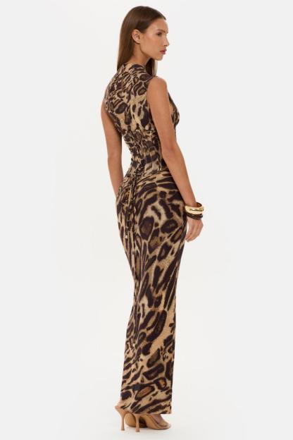 Leopard Print Sleeveless Maxi Dress With Tie-Up Corset