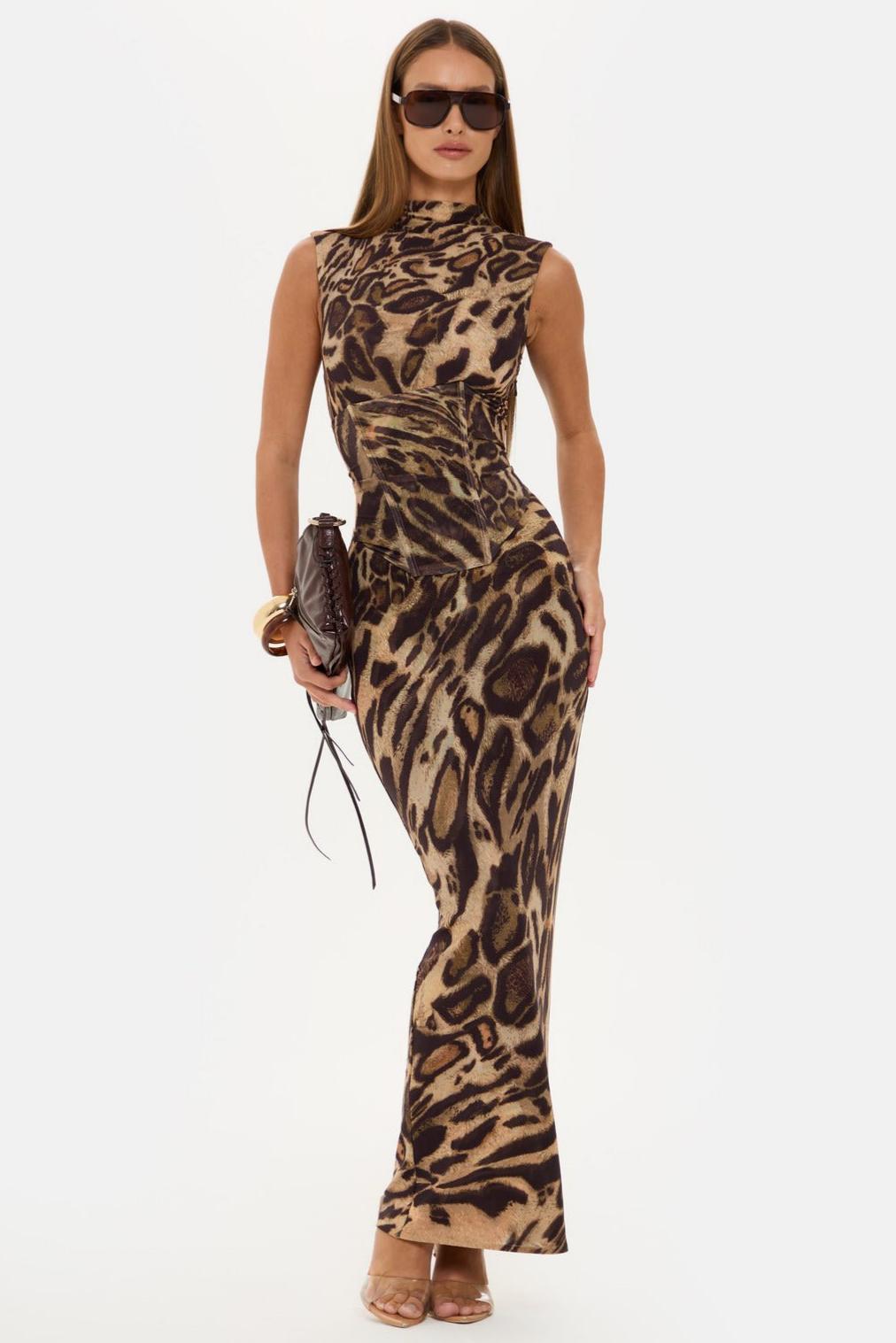 Leopard Print Sleeveless Maxi Dress With Tie-Up Corset