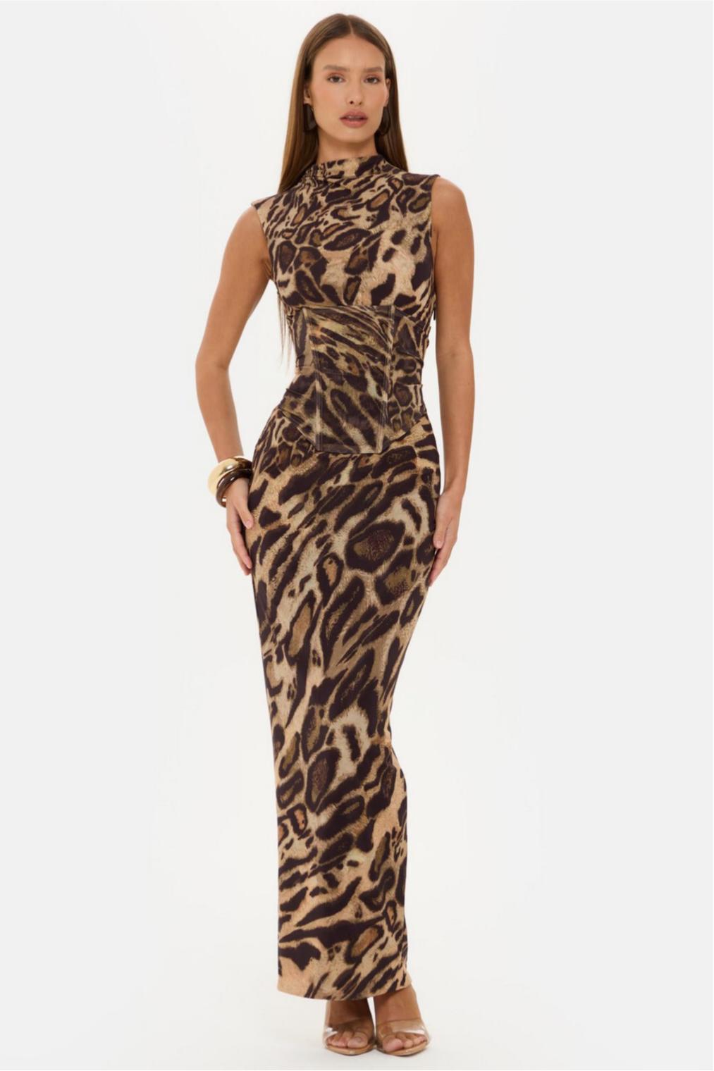 Leopard Print Sleeveless Maxi Dress With Tie-Up Corset