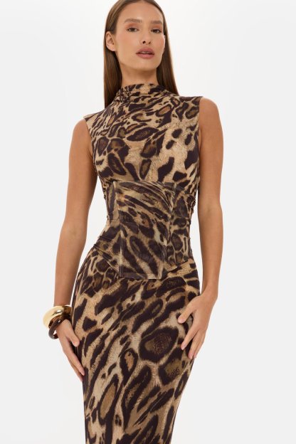 Leopard Print Sleeveless Maxi Dress With Tie-Up Corset