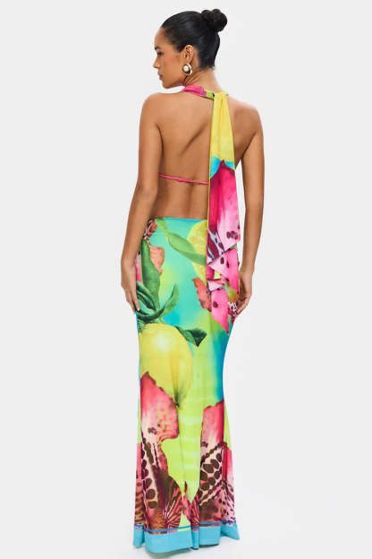 Halter Neck Tie-Up Abstract Print Top & Slit Maxi Skirt Set