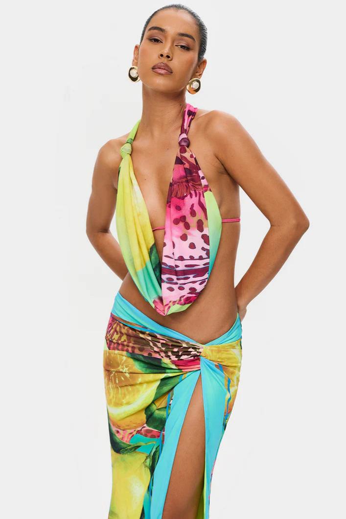 Halter Neck Tie-Up Abstract Print Top & Slit Maxi Skirt Set