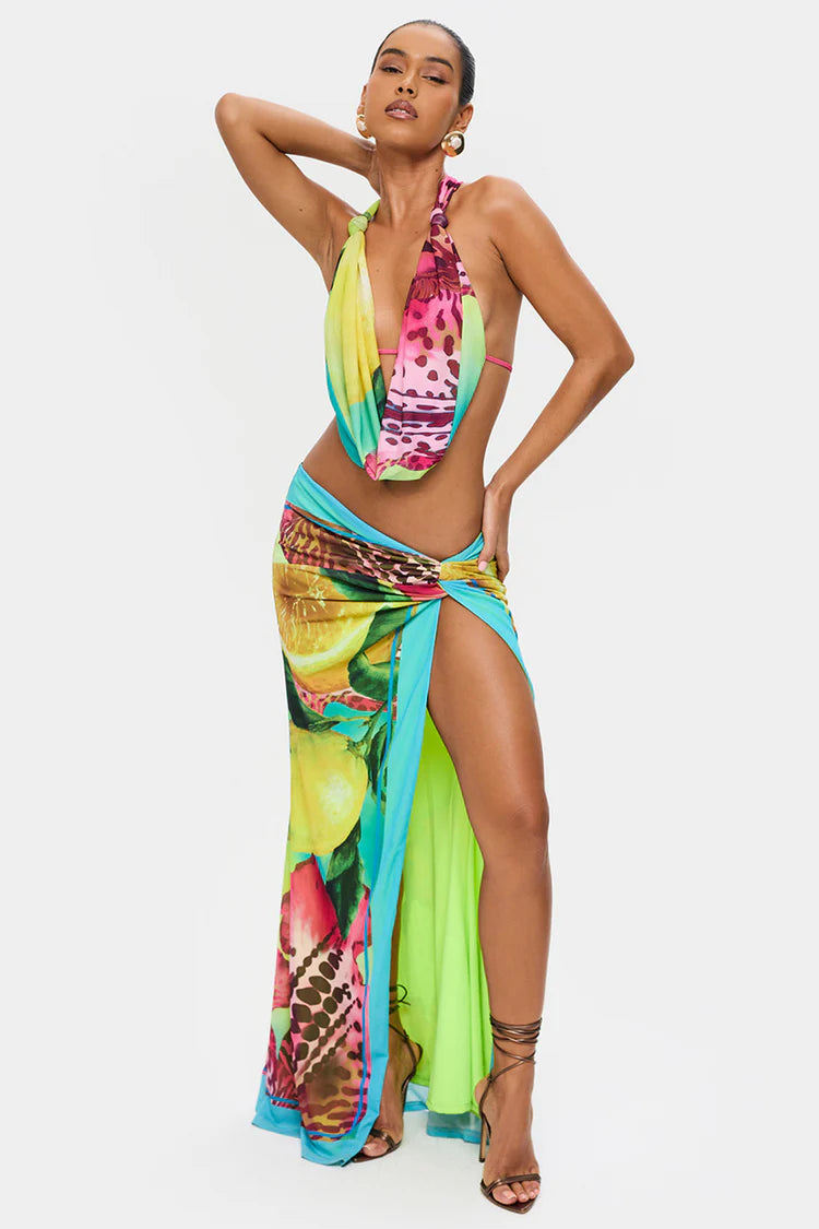Halter Neck Tie-Up Abstract Print Top & Slit Maxi Skirt Set